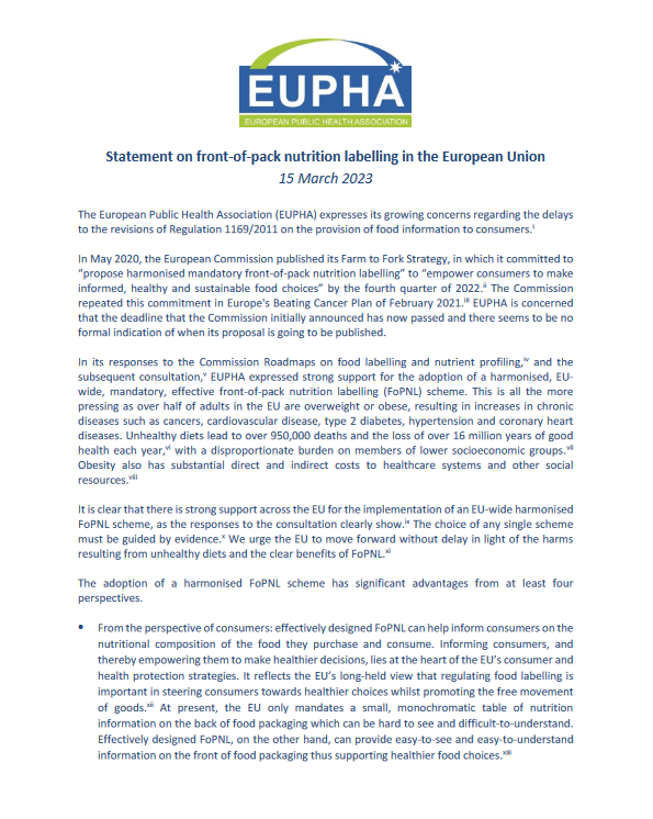 The European Public Health Association (EUPHA) supports for Nutri-Score ...